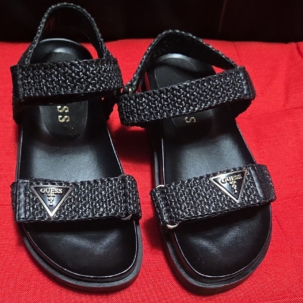GUESS Black Woven Strap Women's Sandals with Logo Accents